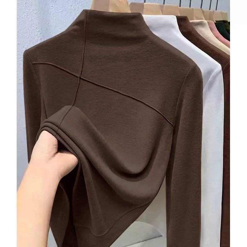 德绒加绒加厚半高领打底衫女秋冬棕色修身长袖内搭2025新款洋气