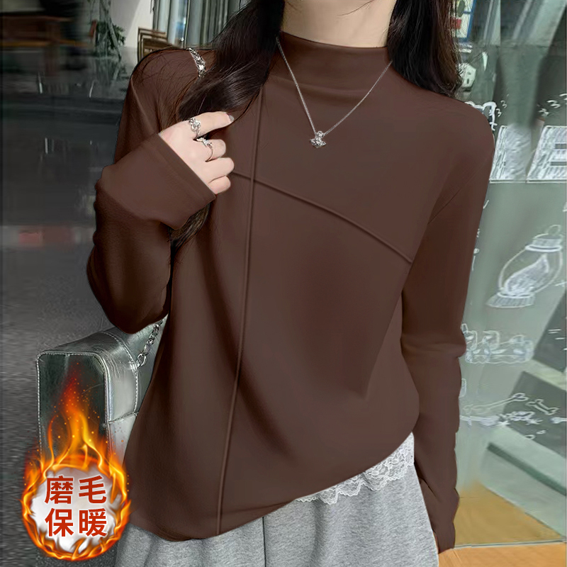 德绒磨毛加厚独特别致打底衫气质洋气棕色内搭秋冬修身长袖女新款