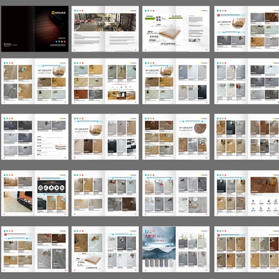 SPC石塑地板木纹微水泥石纹人字拼对花竹木纤维地板画册设计印刷