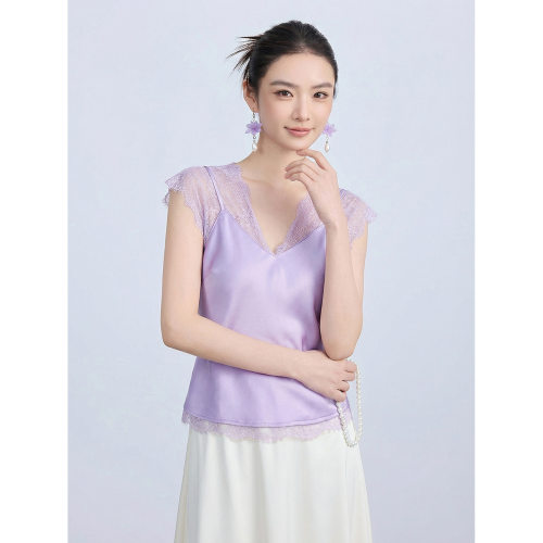【知合堂】法式温柔风缎面吊带女蕾丝拼接V领夏季外穿显瘦背心