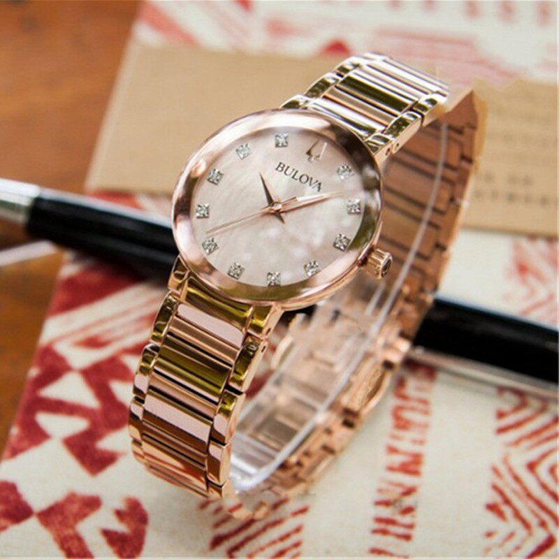 美国代购正品宝路华 Bulova 玫瑰金镶钻珍珠母贝石英女手表97P132