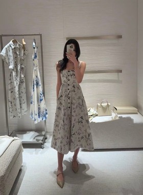 2026夏高端欧货女款吊带印花长裙连衣裙度假风花朵高腰显瘦单排扣