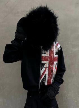 香港正品Opium YVL米字旗印花毛领连帽拉链卫衣Hoodie 男女款嘻哈