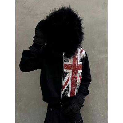 香港正品Opium YVL米字旗印花毛领连帽拉链卫衣Hoodie 男女款嘻哈