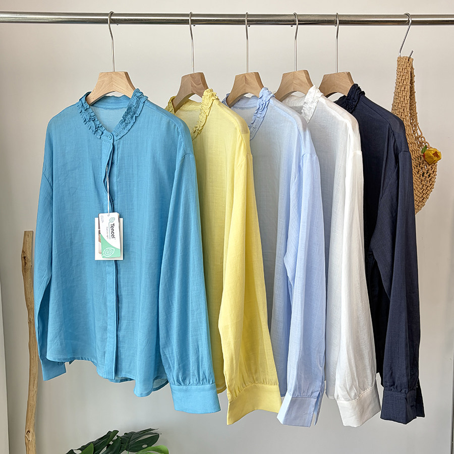 苎麻衬衫女春季新款长袖V领设计领口门禁立体花边拼接宽松时尚