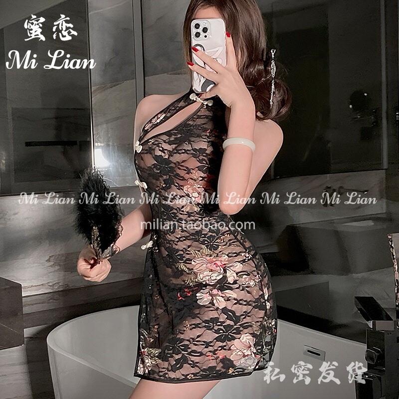 蜜恋：情侣约会刺激内衣性感蕾丝旗袍女火辣免脱开叉透明制服睡衣