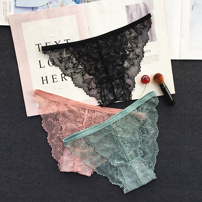 新款蕾丝内裤女低腰三角短裤细带网纱透明裤衩镂空速干