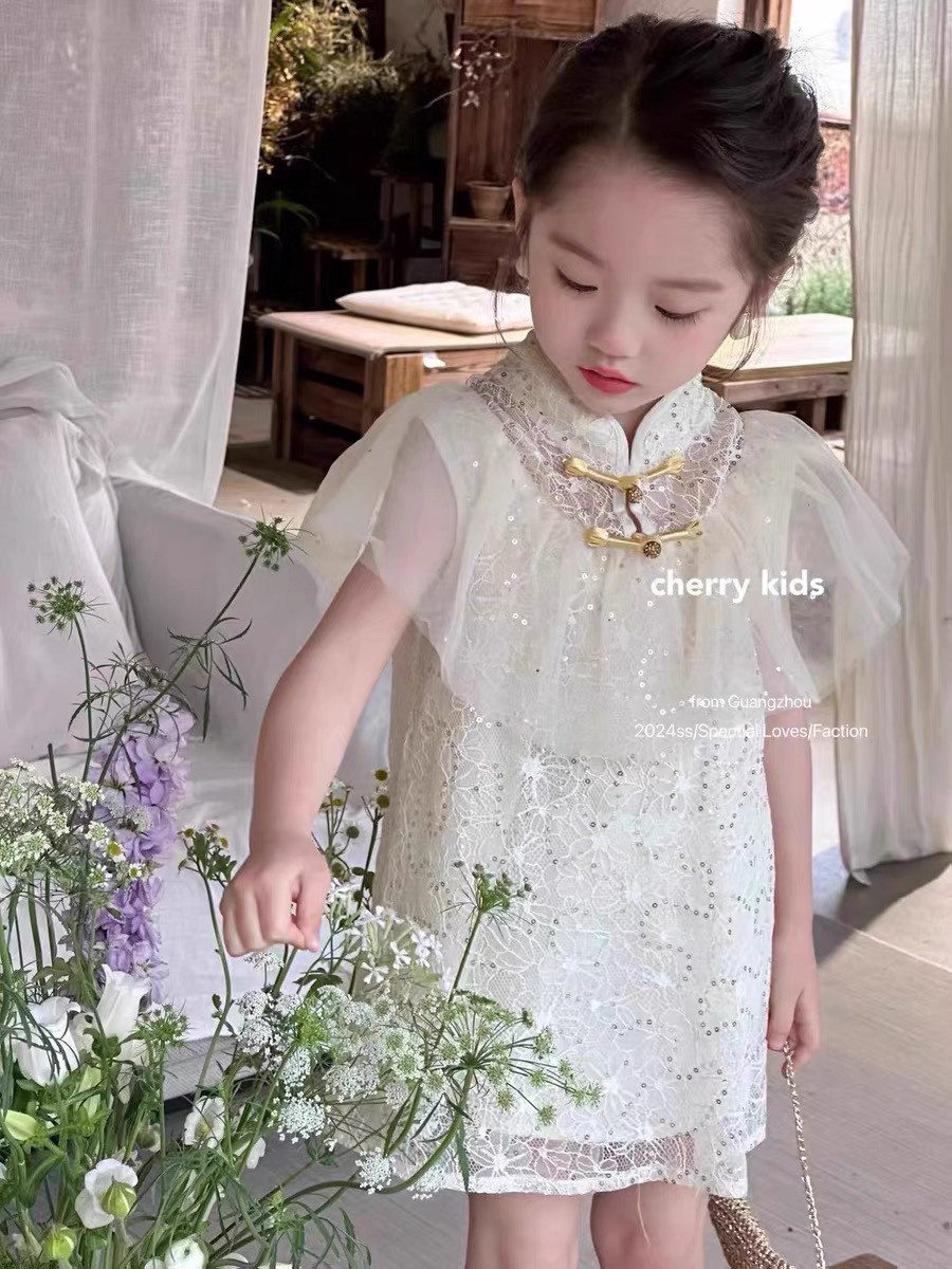 年夏季新款cherry小童女宝连衣裙中国风旗袍裙纱网甜美公主裙