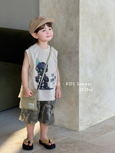 EC潮牌尔菲梵童装2025夏季新款男童纯棉无袖背心儿童机甲印花上衣