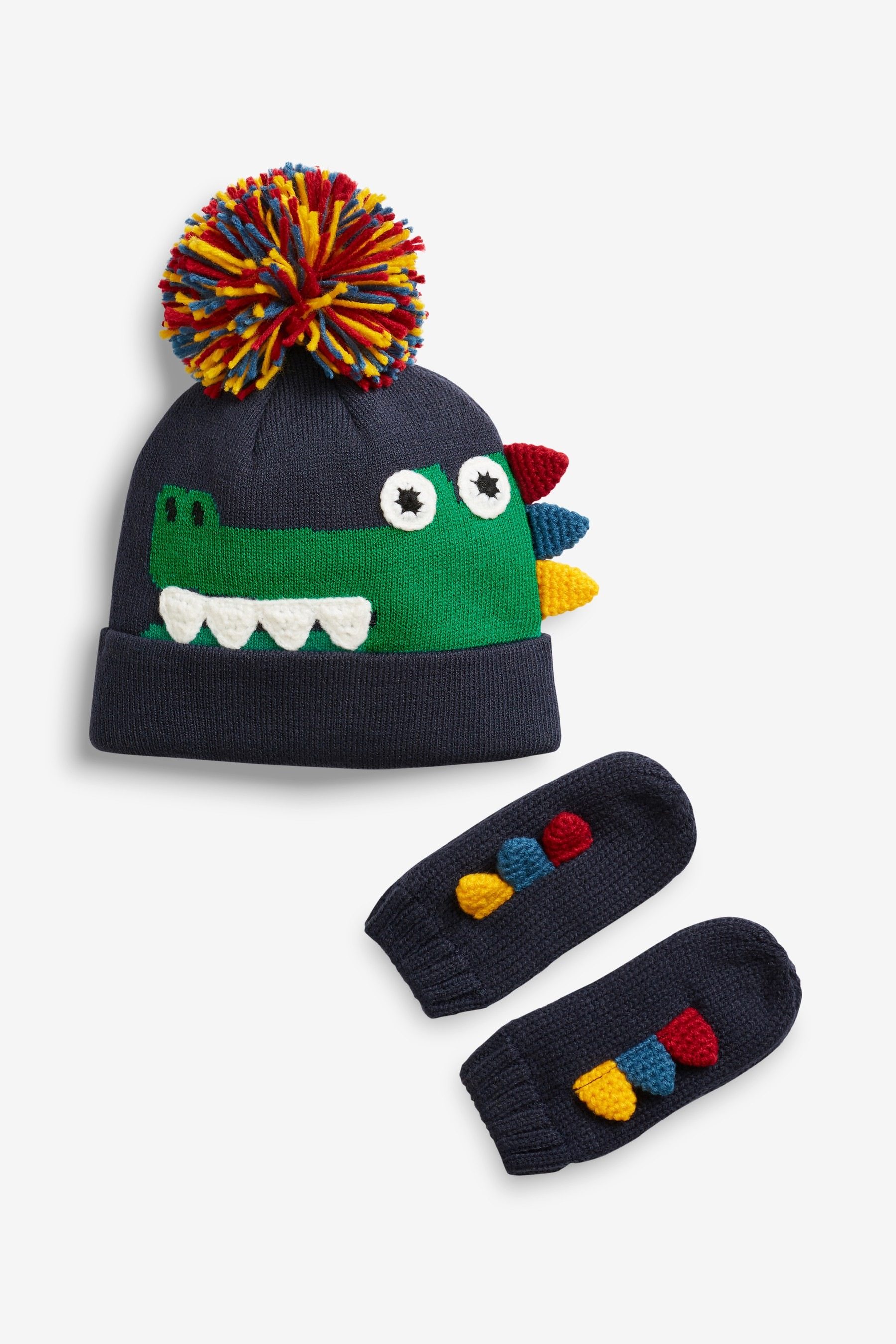 2022秋冬新款卡通手工鳄鱼造型宝宝儿童针织毛线帽子手套两件套