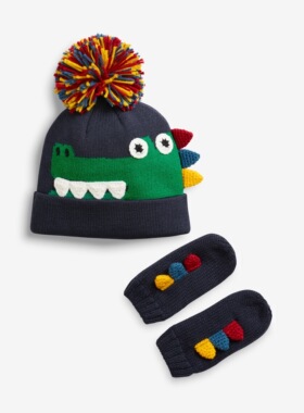 2025秋冬新款卡通手工鳄鱼造型宝宝儿童针织毛线帽子手套两件套