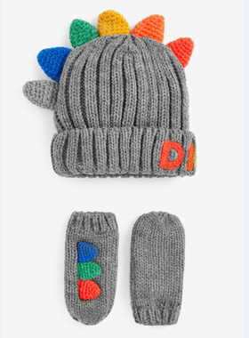 2025年秋冬新款儿童宝宝男童女童绣花字母恐龙针织帽子手套两件套
