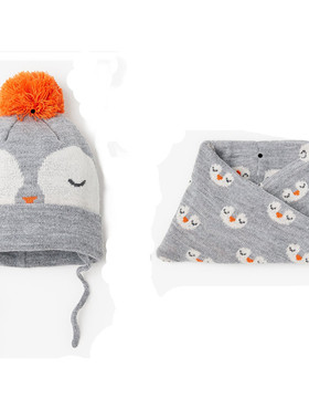 2020新款卡通提花企鹅儿童宝宝婴儿男孩女孩帽子围脖围巾两件套件