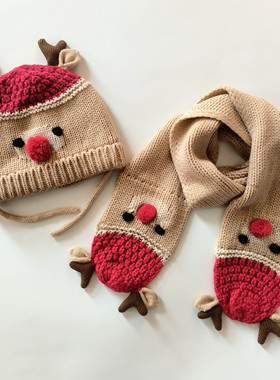 2024年秋冬卡通立体麋鹿圣诞新年礼物儿童针织毛线帽子围巾两件套