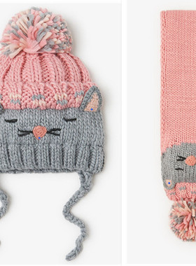 2022卡通卡通小狸猫儿童宝宝婴儿女孩女童针织毛线帽子围巾两件套