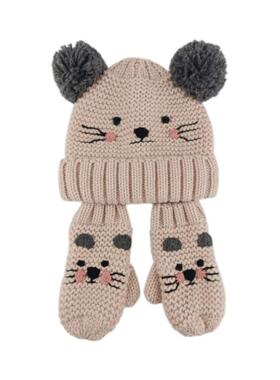 2025秋冬新款卡通造型手绣花宝宝儿童婴儿针织毛线帽子手套两件套