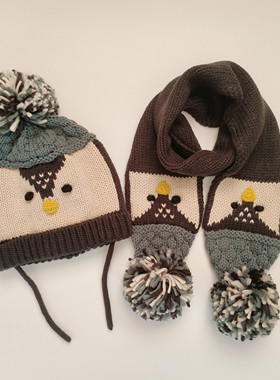 2025年秋冬新款提花卡通企鹅婴儿男童女童帽子围巾两件套多件套