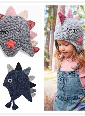 2025秋冬款卡通恐龙手工男童女童儿童毛线帽宝宝针织帽护耳帽子