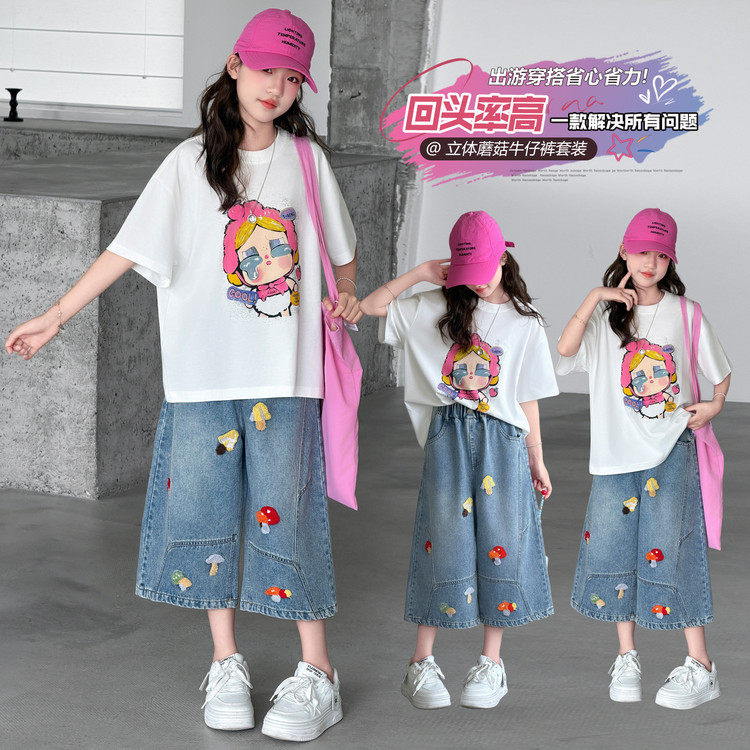 牛仔布刺绣无弹夏季女裤子