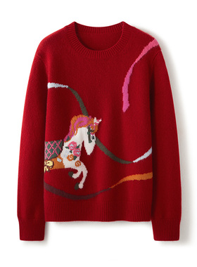 100%山羊绒多巴胺风生肖马刺绣提花圆领套头针织衫女红色毛衣新年