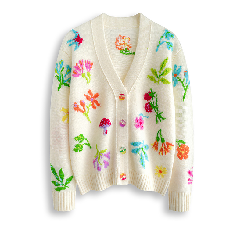 2025新款山羊绒小众设计感彩扣糖果色系刺绣开衫上衣女精致花朵