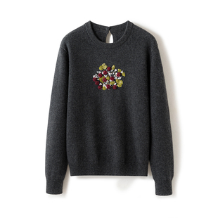 26年新款100%山羊绒复古柔焦花卉风套头毛衣女深灰色刺绣针织衫