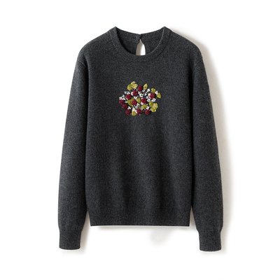 26年新款100%山羊绒复古柔焦花卉风套头毛衣女深灰色刺绣针织衫