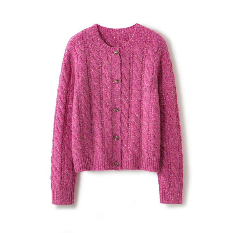 老钱风100%纯山羊绒开衫女圆领麻花纹针织衫外套宽松百搭显瘦上衣