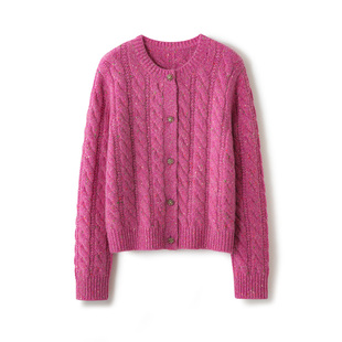 老钱风100%纯山羊绒开衫女圆领麻花纹针织衫外套宽松百搭显瘦上衣