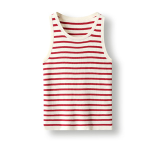 条纹红白横条纹修身小背心夏季新品薄款薄超细棉套头针织衫上衣女