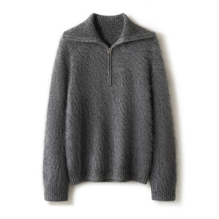 2025秋冬季新款高领半拉链纯色拉绒宽松百搭慵懒风100%纯羊绒上衣
