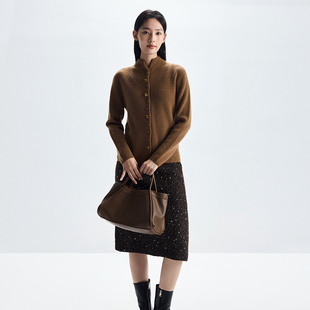 超高品质~秋季新款100%山羊绒半高领异形扣设计加厚栗色毛衣外套