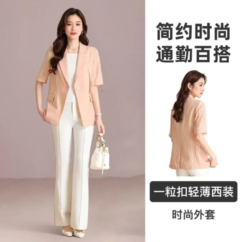 夏天短袖薄西装女2026新款一粒扣亚麻后开叉上衣西服初秋单层外套图片