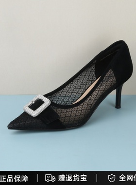 专柜正品百田森女鞋2025夏款浅口尖头镂空细高跟优雅单鞋PYQA5062