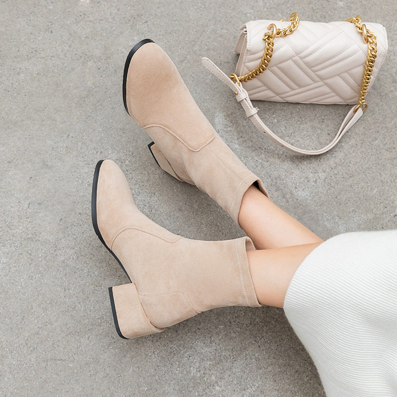 SMALL BOOTIES BLOCK HEELS 2024 NEW VERSATILE SPRING AND AUTUMN WINTER SINGLE BOOTS HIGH HEELS WOMENS SHOES STRETCH SKINNY MID-HEEL BOOTS