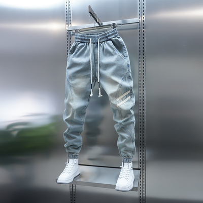 牛仔裤浅蓝色束脚拼接休闲裤