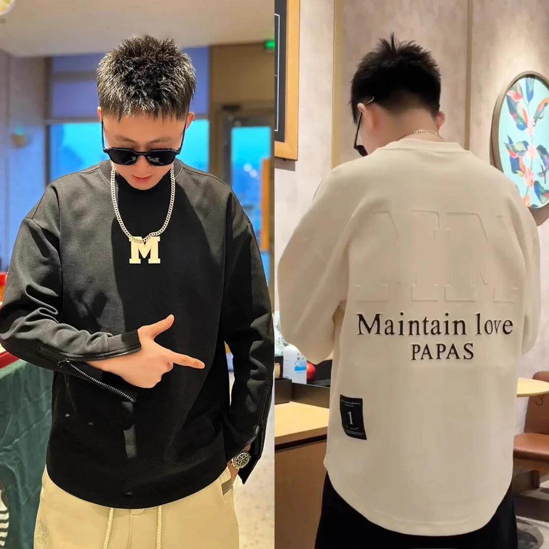 秋冬新款M字母拉链圆领卫衣男潮流时尚百搭宽松燕尾长袖打底上衣