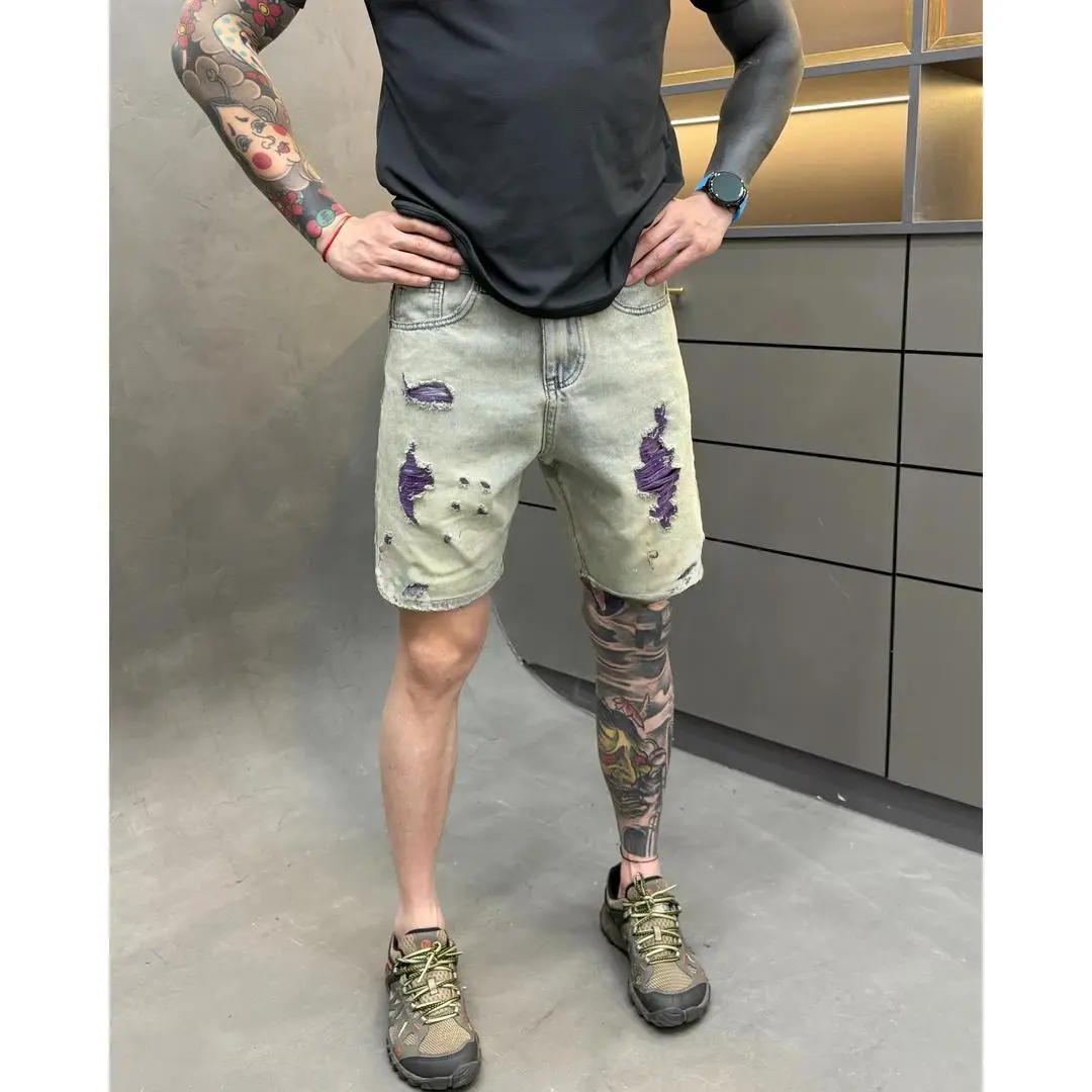 夏季男士破洞五分牛仔短裤