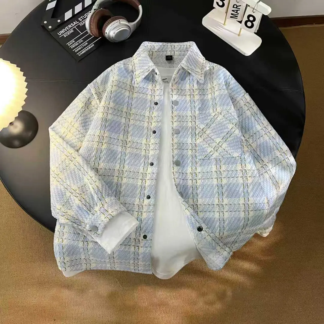 春季新款男士简约穿搭格子休闲夹克宽松衬衫长袖百搭情侣外套痞帅