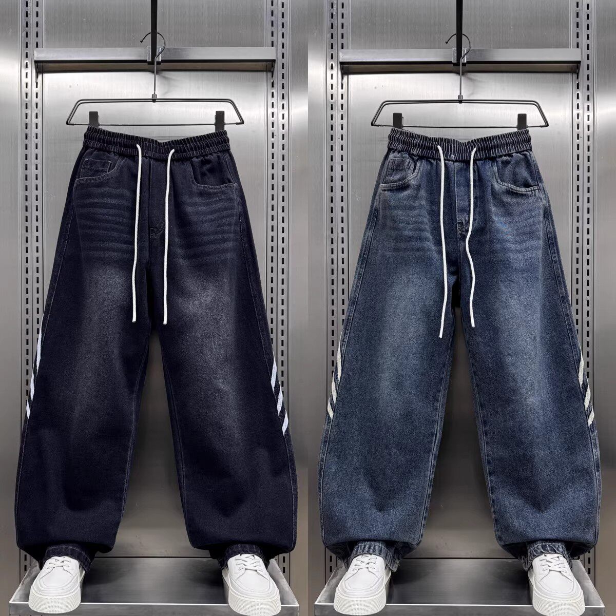 2026春季新款条纹水洗牛仔裤男款宽松阔腿裤直筒拼接弯刀休闲长裤