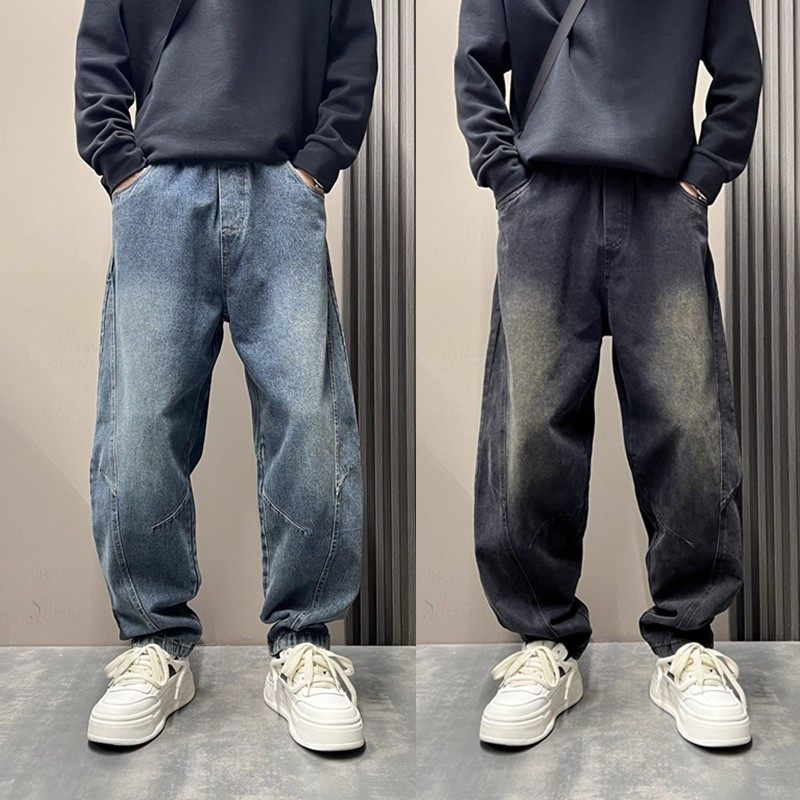 秋冬水洗松紧腰休闲裤男士潮流宽松直筒裤痞帅拼接水洗牛仔裤