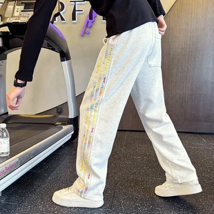 白花灰直筒运动卫裤男秋季拼片彩色三条杠裤子潮牌痞帅宽松休闲裤