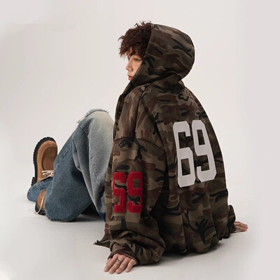 美式复古迷彩开衫连帽卫衣