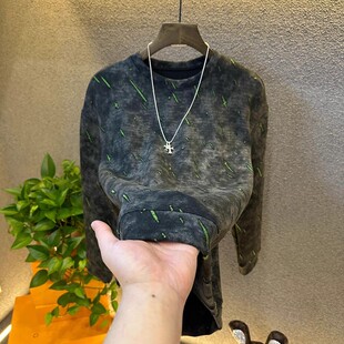 秋季卫衣男2025新款潮流百搭打底衫圆领休闲长袖t恤男破洞卫衣