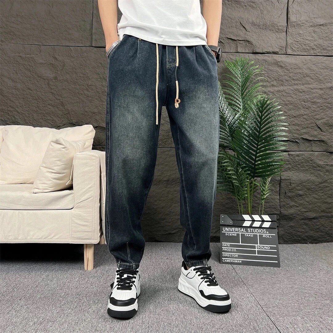 秋季新款复古水洗做旧浅蓝色九分牛仔裤男宽松老爹休闲裤男哈伦裤,男装,休闲裤,淘宝优惠券,粉丝福利购,淘宝优惠卷