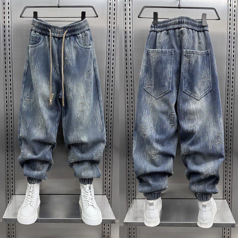 2026春秋新款休闲牛仔裤男韩版潮流宽松束脚裤痞帅水洗刮烂哈伦裤,男装,休闲裤,淘宝优惠券,粉丝福利购,淘宝优惠卷