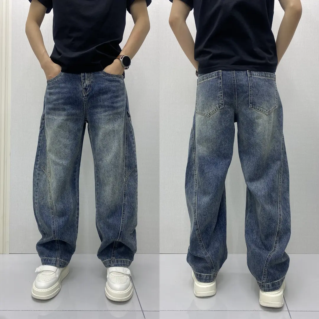 美式高街复古拼接宽松牛仔裤男