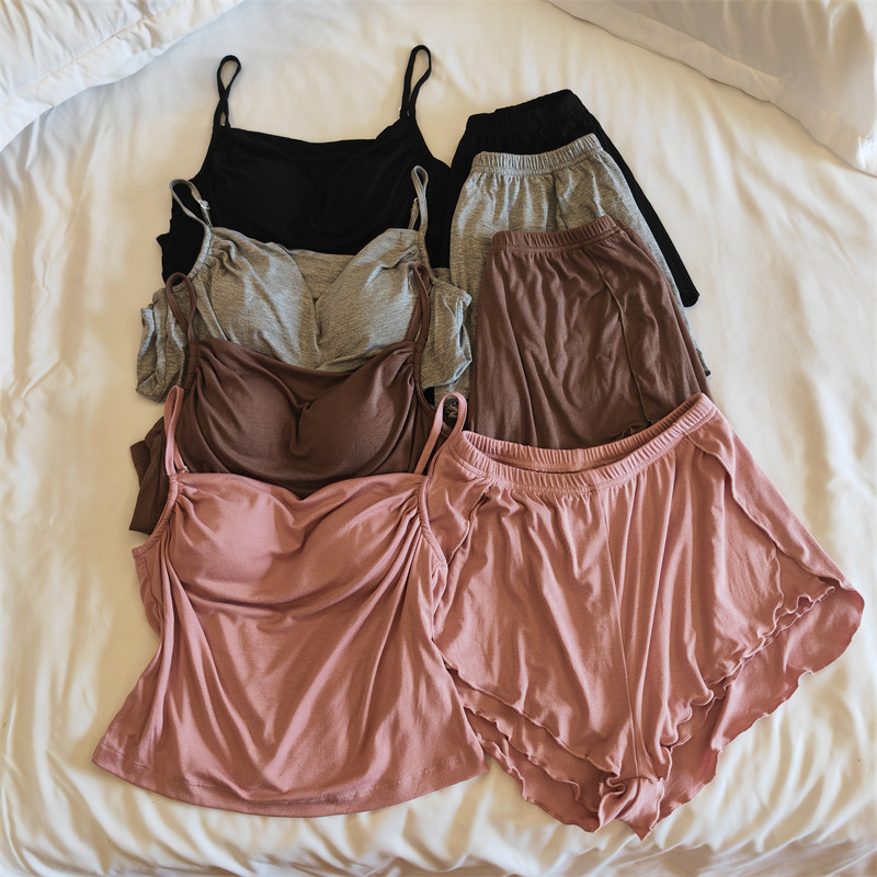 夏季莫代尔睡衣女新款棉韩版带胸垫吊带公主风两件套家居服可外穿