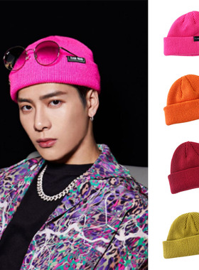 王嘉尔同款街舞毛线帽子teamwang男女韩版百搭橘色针织瓜皮冷帽潮