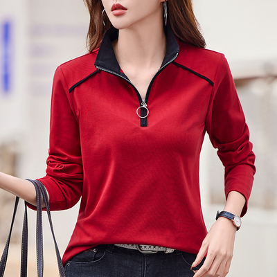 2025早秋新款纯棉翻领拉链长袖t恤女打底衫漂亮立领内搭外穿上衣